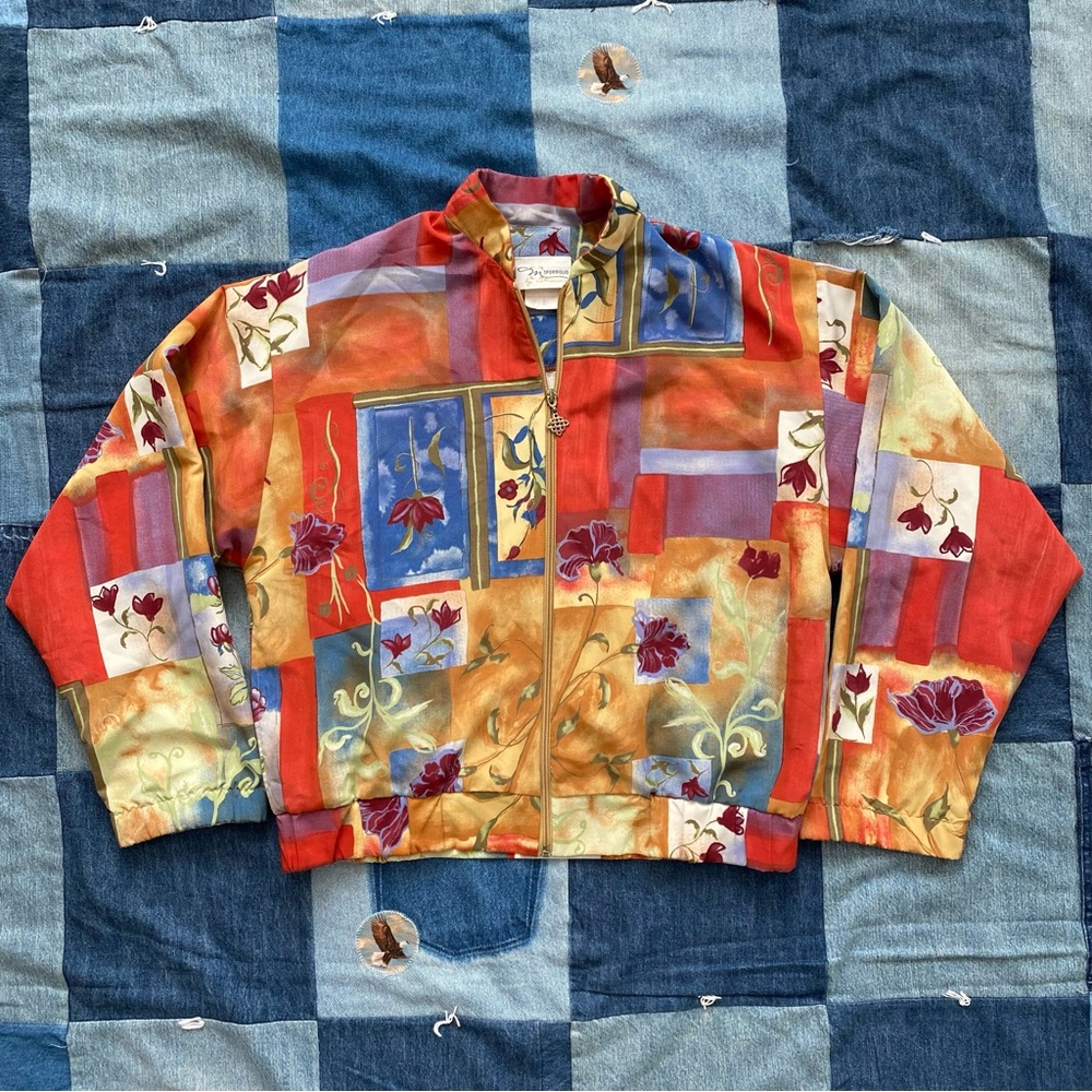 vtg M sportfolio bomber jacket abstract floral size S oversized fit artsy
